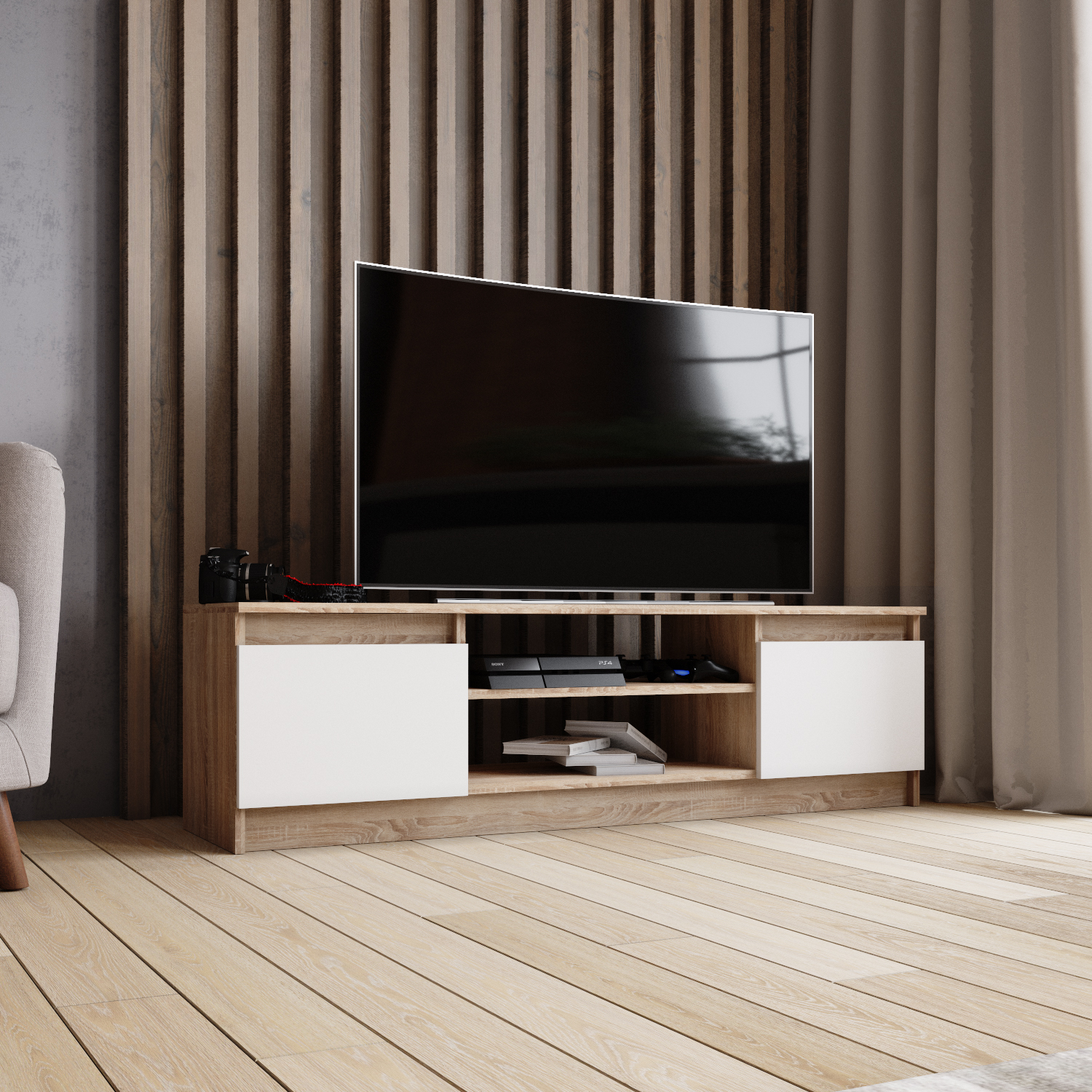 Тумба под ТВ ТВМ-3 белый с тиснением "древесные поры" / дуб сонома