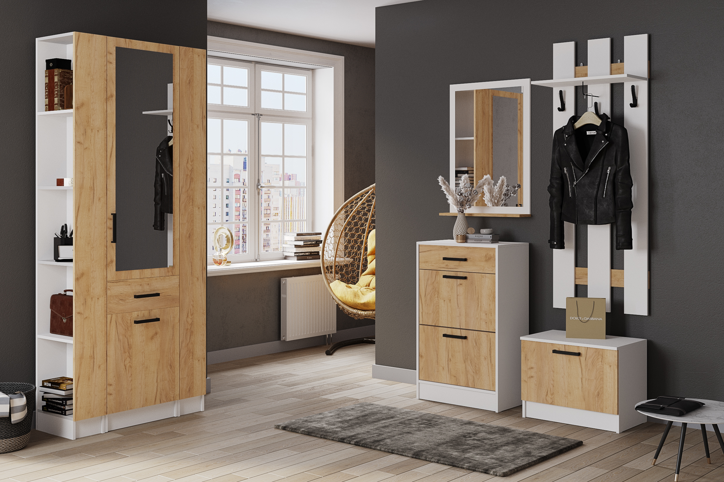 Прихожая Кевин композиция №1 дуб крафт золотой (тумба и вешалка 60 см)